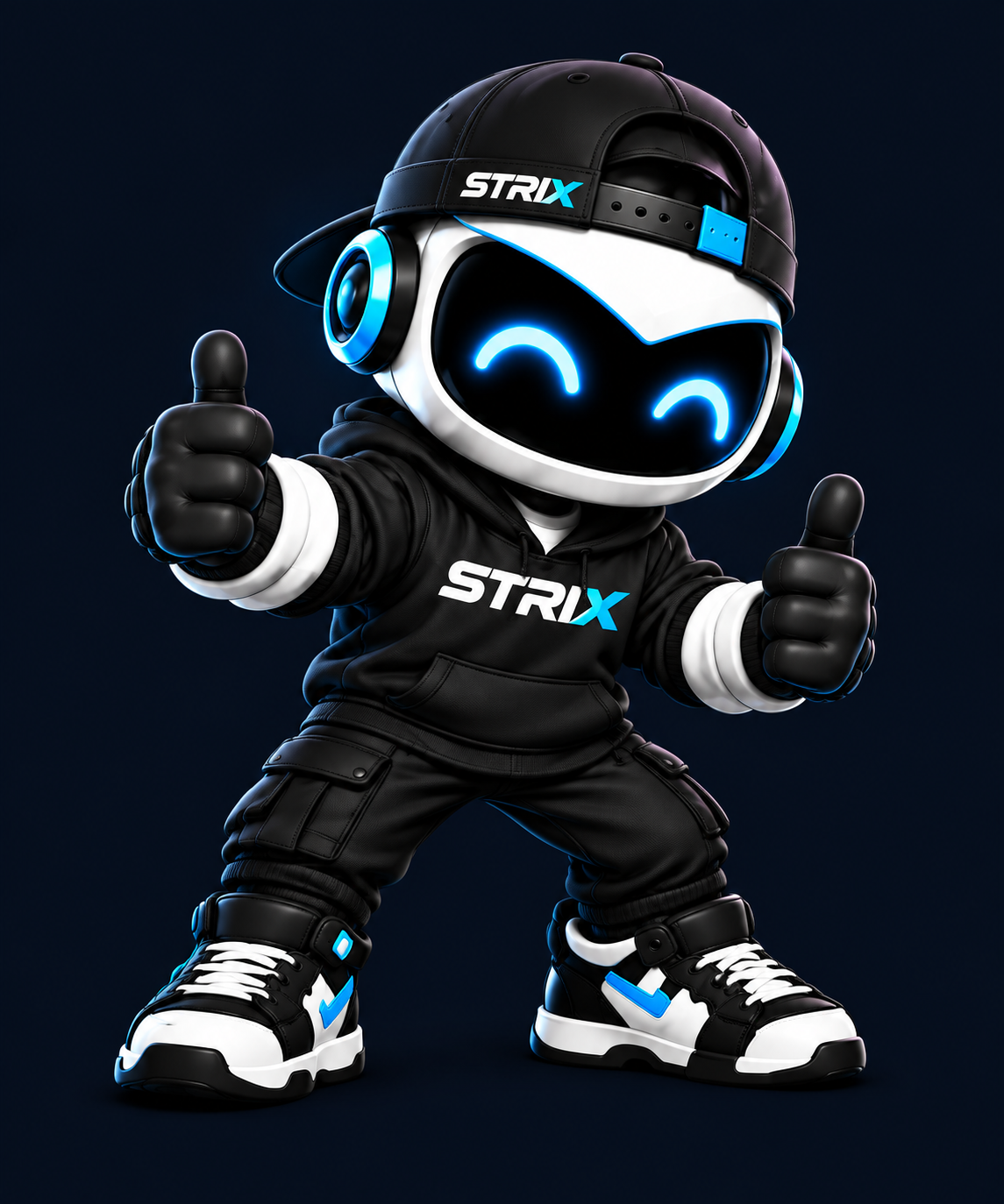 STRIX in a black STRIX hoodie and backwards cap, smiling and giving a thumbs up